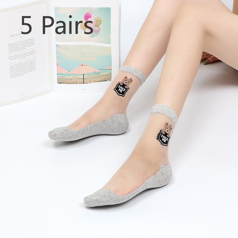 5 Pairs of Women's Summer Thin Cotton Bottom Non Slip Durable Crystal Silk Transparent Mid Tube Socks
