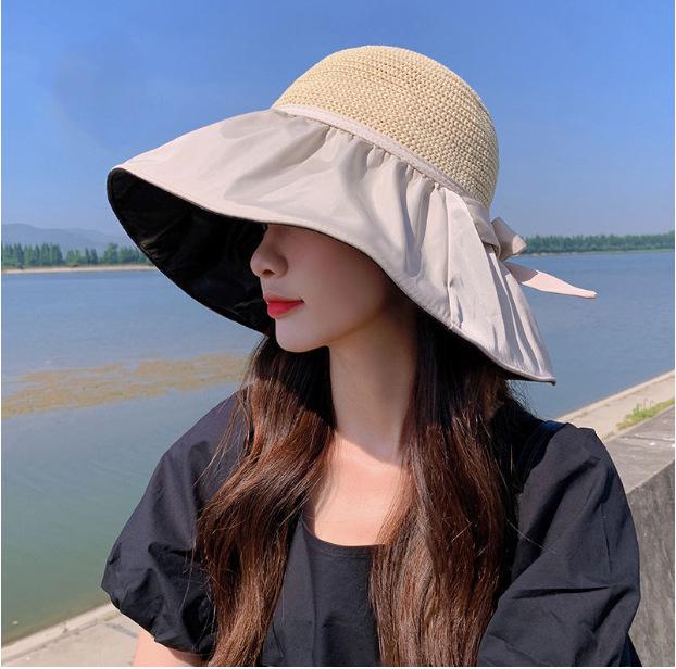 Women's Black Anti-UV Wide Brim Sun Hat with Face Shield