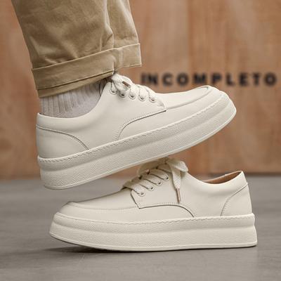 Fashion Korean Style Mens Casual White Shoes Lace-up Flats Platform Shoe Breathable Genuine Leather Sneakers Youth Street Trend Footwear