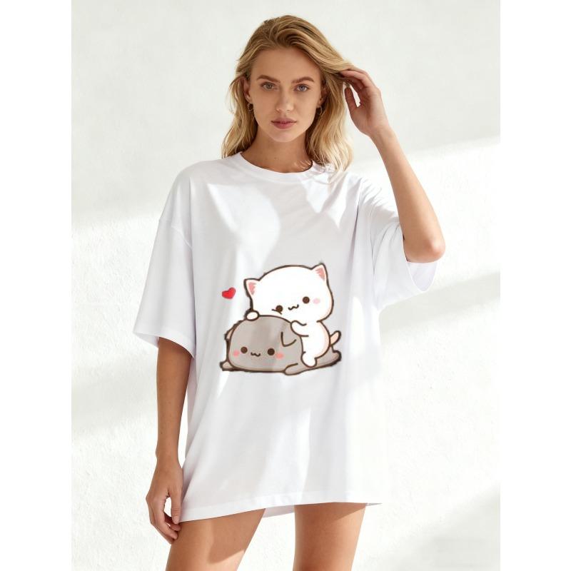 Women's Short-Sleeve T-Shirt with Cute Cartoon Cat & Gray Pet Heart Print