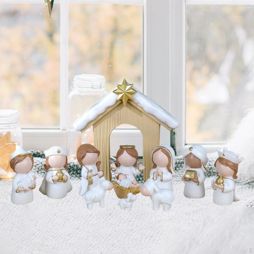 12 kusů Kreslená Vánoční Sada Figurky Narození Páně Pryskyřičná Soška pro Domácí Kancelářskou Dekoraci Ručně vyráběná