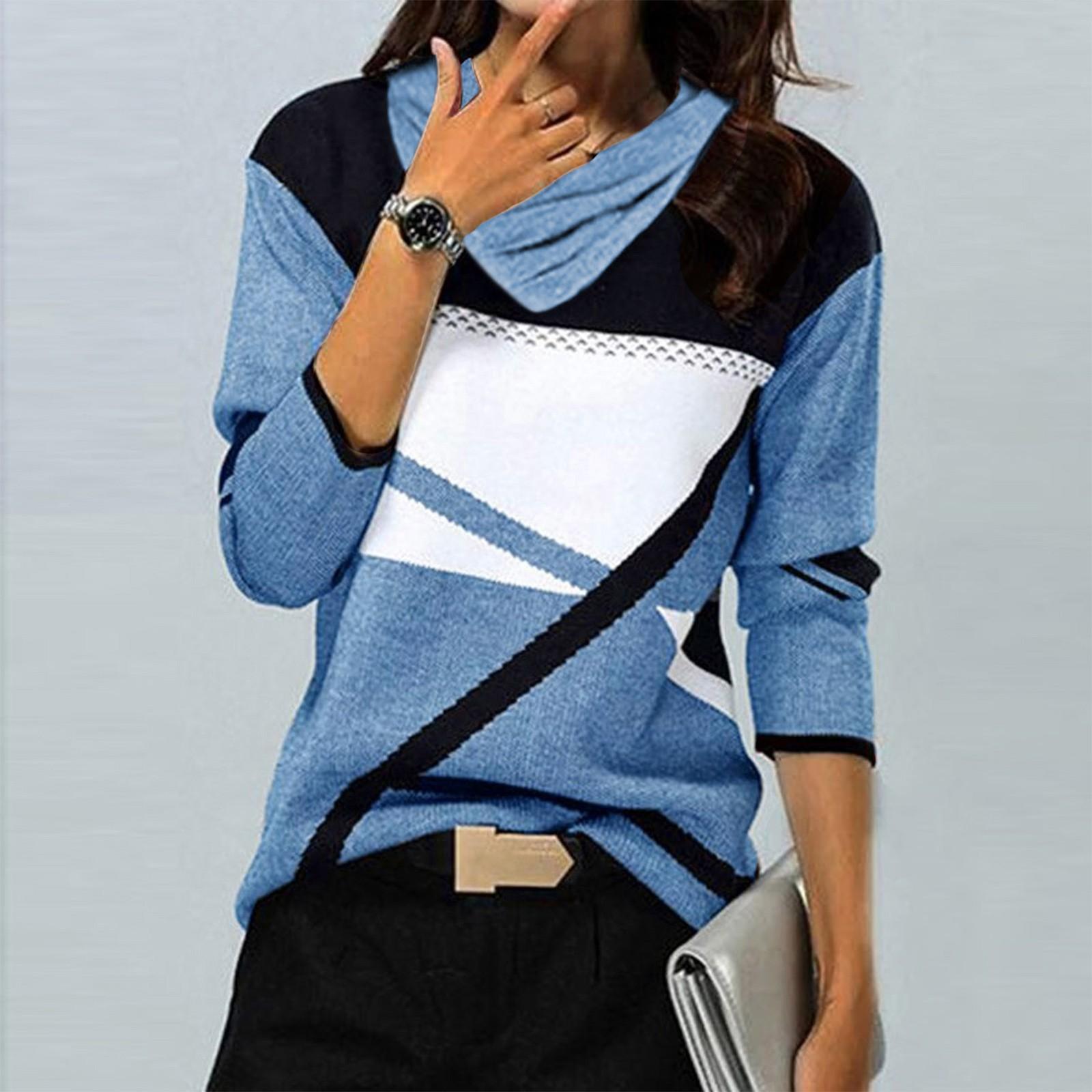 

Женские топы Нарядные повседневные рубашки с длинными рукавами с перекрестным V-образным вырезом и цветными блоками Повседневная туника Блузки Топы XL синий