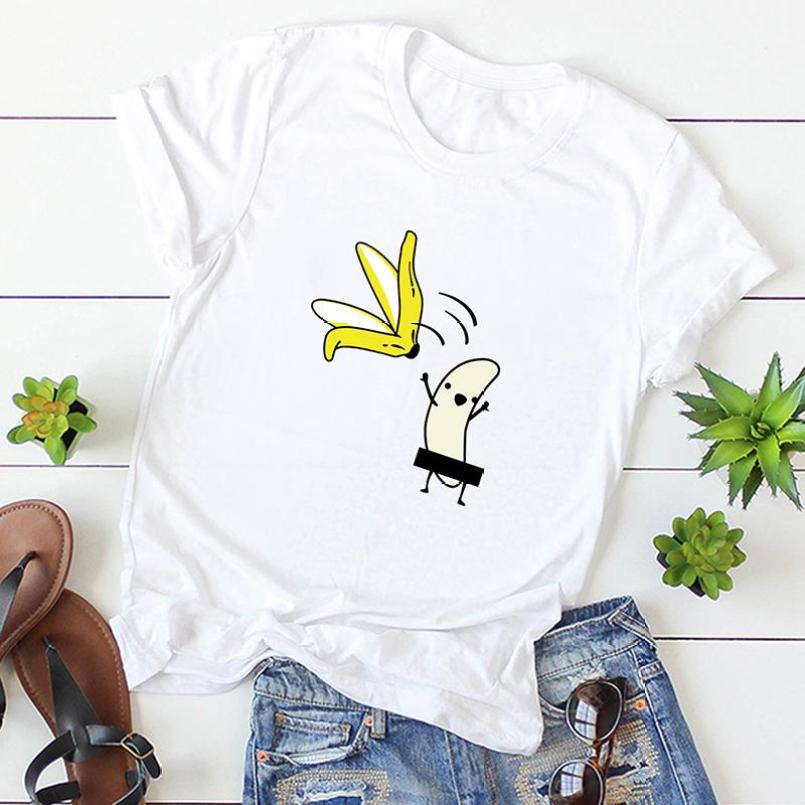 

Women Casual Graphic Tees Women Polyester Summer Tees Tops Harajuku Banana with Banana Peel Off L білий