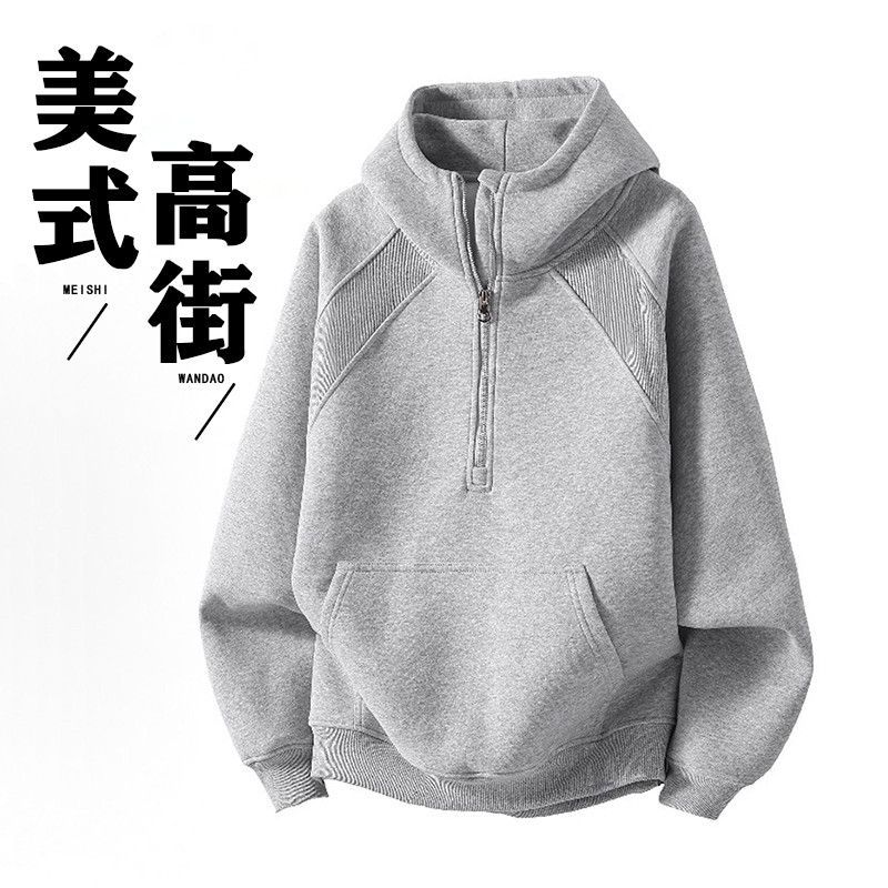 Spring and Autumn Retro Splicing Half Zipper Hooded Sweater Boys Loose Couple Casual Versatile Hoodie