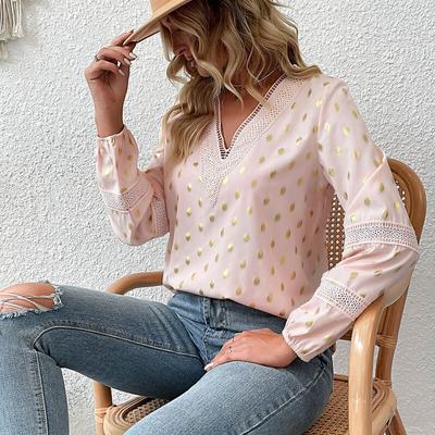 Moda sexy camisa com decote em v manga longa blusa feminina primavera 2023 solto bolinhas topos escritório causal roupas femme blusas 25603