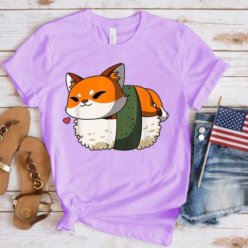 Harajuku T-shirts Sushi Fox Print Funny Cartoon T Shirt Women Ullzang Fashion T-shirt 90s Kawaii Tshirt Graphic Top Tees Female