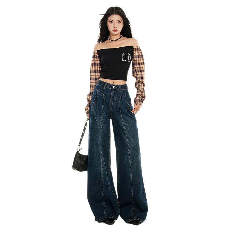 Women's Autumn High-Waisted Hong Kong Style Floor-Sweeping Loose Jeans