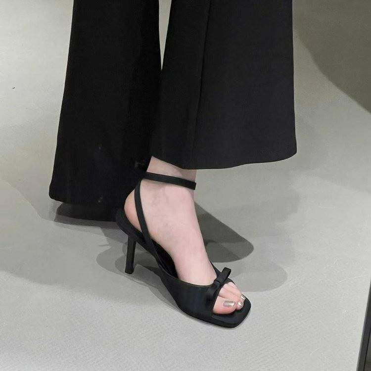 New square toe ankle strap silver satin bow high heel cool slippers thin heel open-toed women's sandals