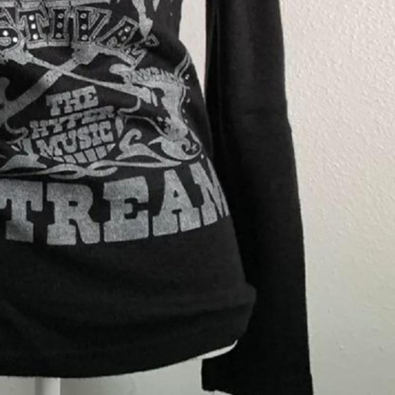 American Retro Print Vintage Long-sleeve T-shirt Women Autumn Design Vintage Base Layer Tops 2000s High Street Y2k Design Causal Clothes