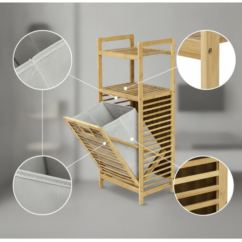 1 Piece Bathroom Shelf with Hamper Laundry Organizer Cabinet Sturdy Slatted