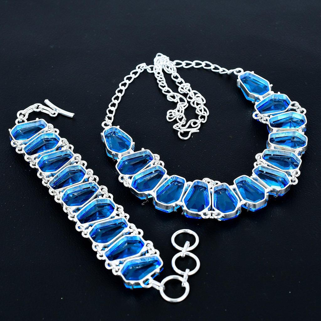 Blue Topaz Necklace & Bracelet Jewelry Set, Coffin Blue Topaz Gemstone 925 Sterling Silver Handmade Jewelry Unique Collection, Wedding Gift