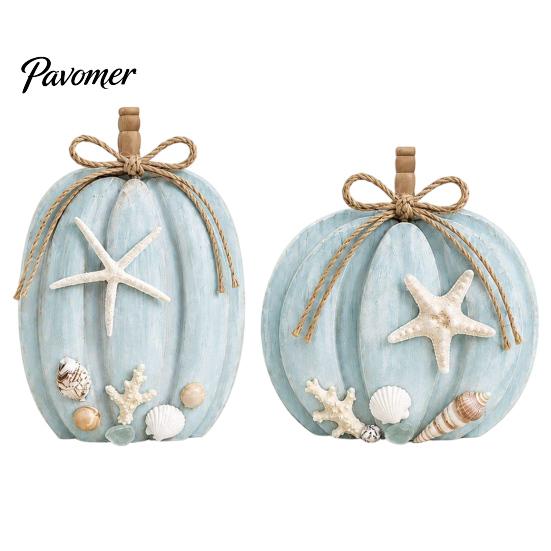 Dekorative Holzkürbisse für Zuhause 2 Stück Küstenkürbis-Deko, Blaues Holzschild, Herbst Handgefertigt Massivholz Geschenke Tischmittelstück Thanksgiving