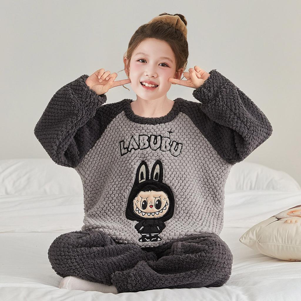 Kids Flannel Pajamas Set Boys Girls Warm Long Sleeve Top And Pants Sleepwear Winter Home Nightwear