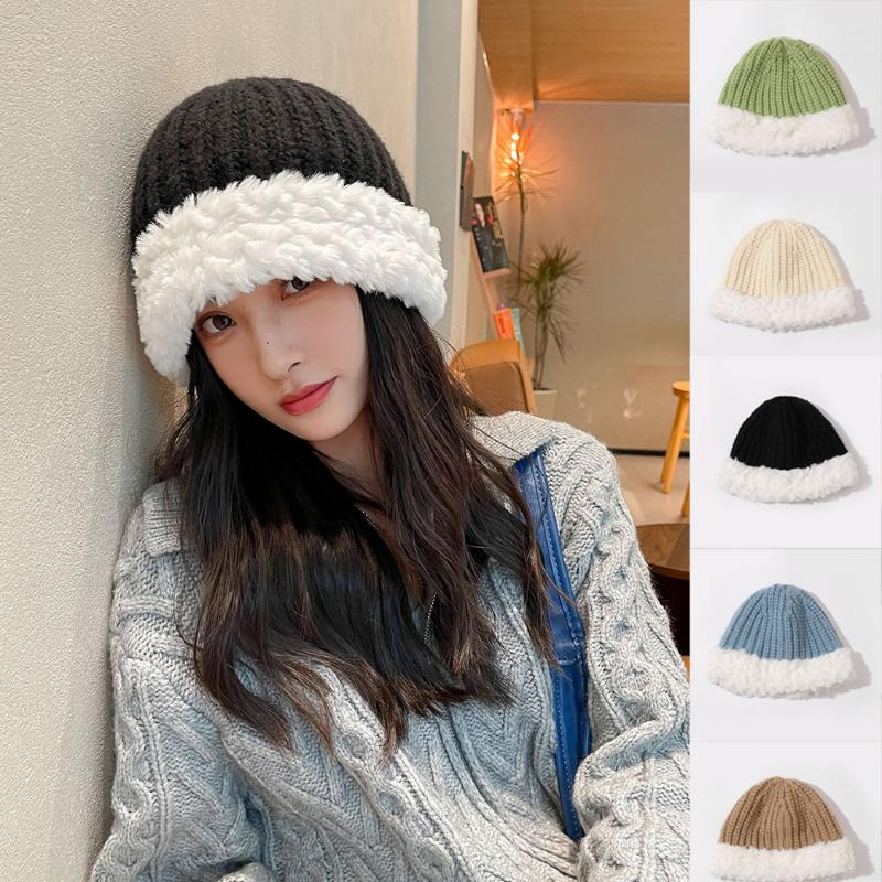 Women Warm Fluffy Plush Bucket Hat Ladies Winter Solid Fashionable Knitted Cap  Fisherman Cap Ladies