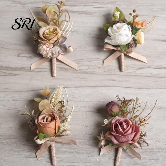 European Forest Style Corsage Rose Bud Wedding Flower Set, Wrist for Bride Bridesmaid Light & Boutonniere Groom Groomsman, Artificial Silk Floral
