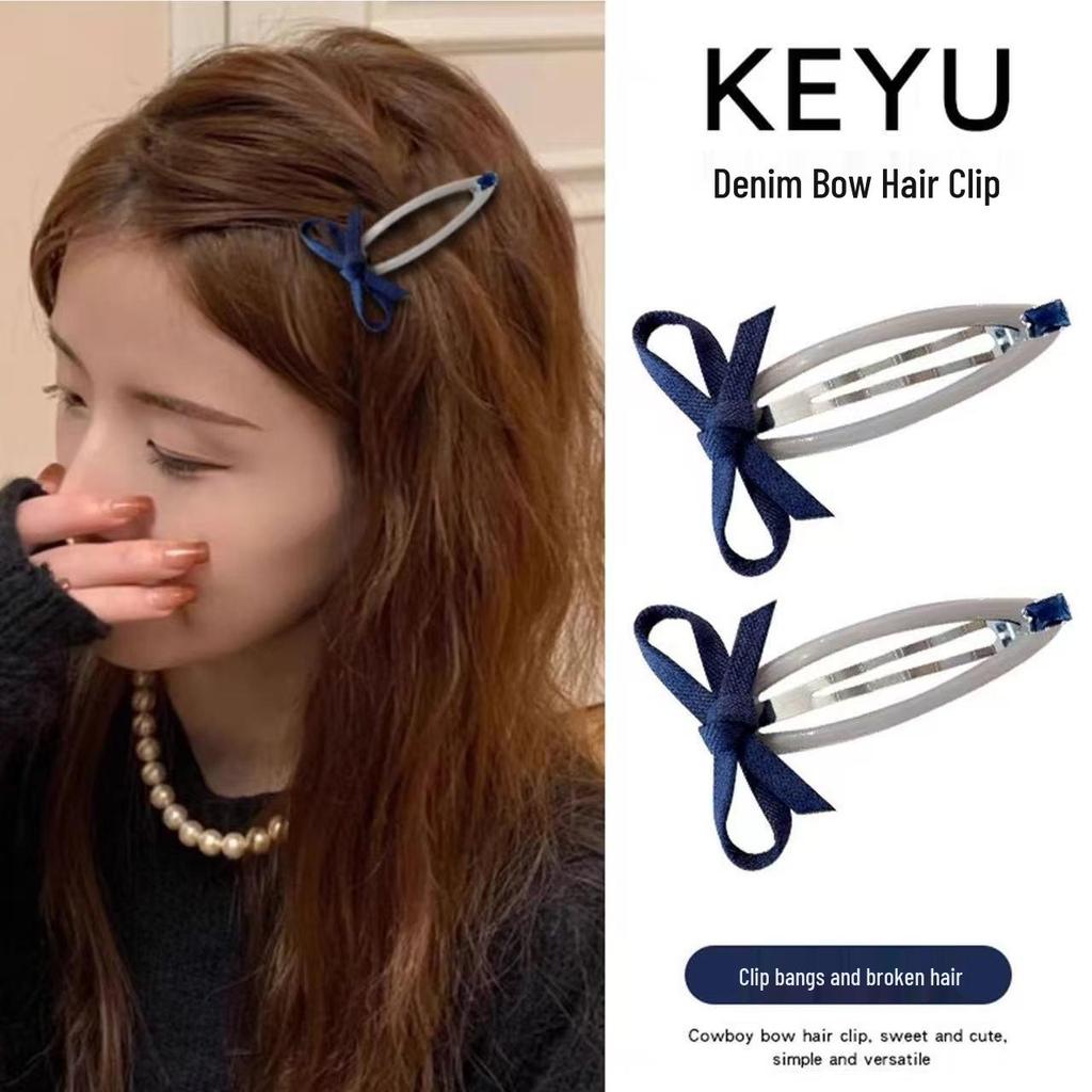 Retro Minimalist Rhinestone Bow Denim Hair Clip for Babies