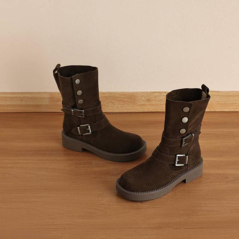 Autumn and winter rubber thick-soled large-size women's boots side zipper leather knight boots round head versatile new cow flip medium boots