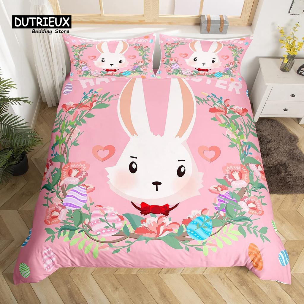 Cute Rabbit Duvet Cover Set Twin Queen Colorful Flower Bedding Set Microfiber Botanical Floral Cartoon Animal Comforter Cover