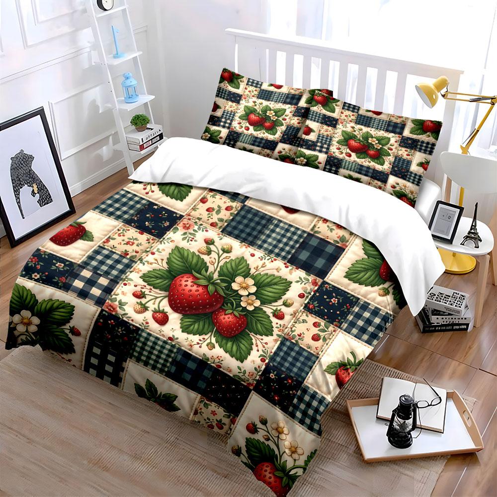 Strawberry Patchwork Design Bedding Duvet Cover Set Duvet Cover Pillowcases (1*Duvet Cover 2*Pillowcases, without duvet insert)