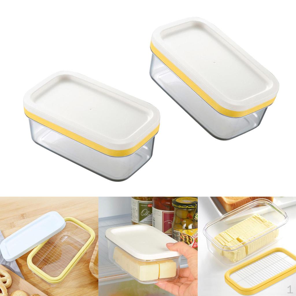 

2x Plastic Butter Dish Tray Holder Kitchen Fridge Storage with Cutter Slicer