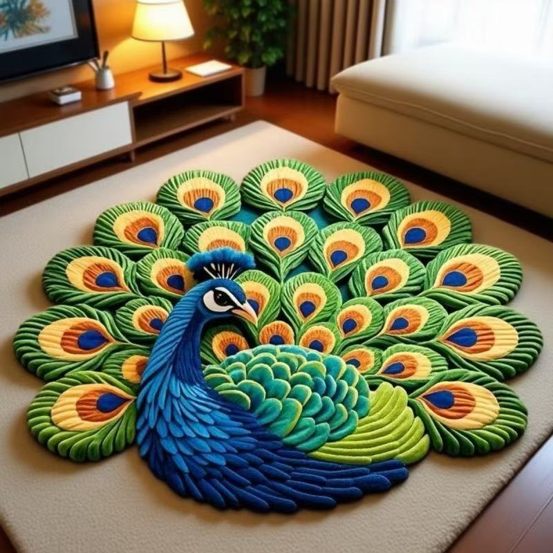 3D Peacock Floral Round Carpet Plush Print Area Rug Home Decoration Non Slip Easy Care Living Room Sofa
