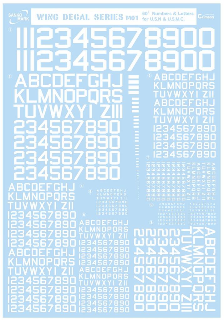 Sankomark Industries Декали для переноса воды Leptogida для пластика 60 цифр x Модели серии Wing Decal, M01, Градусы и Буквы, Белый, 13,5 19,5 см,