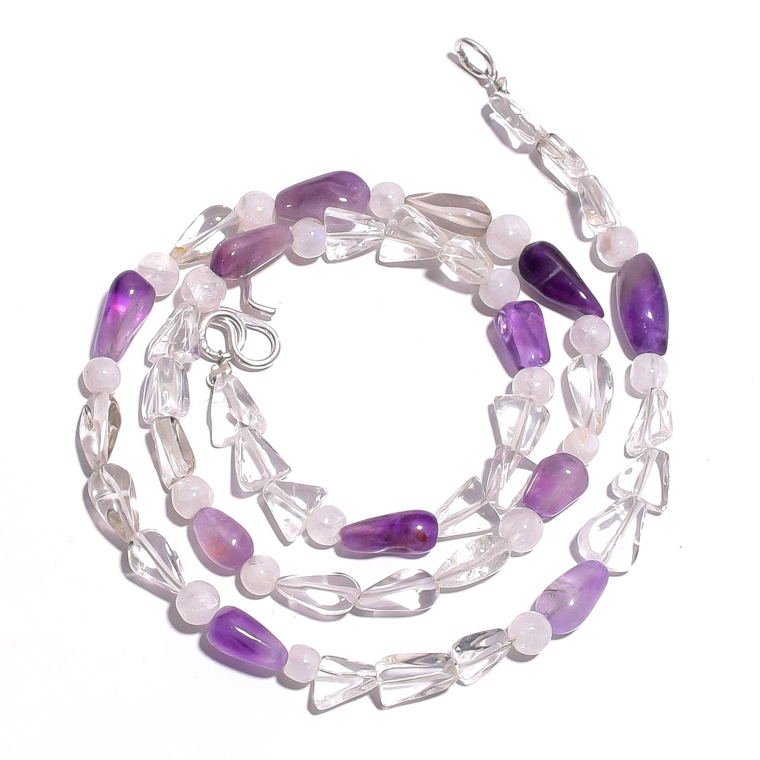 

Natural Amethyst Crystal Monstone Gemstone Mix Smooth Beads Necklace 17 UB-4229 UB-4229