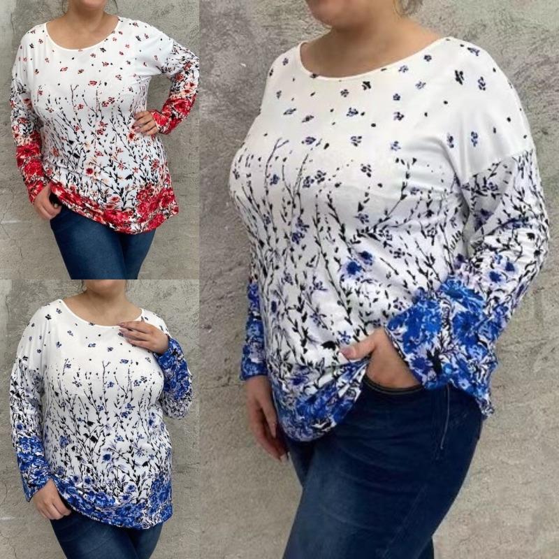 Plus Size Women S Long Sleeve Crew Neck Floral Print Spliced T Shirt