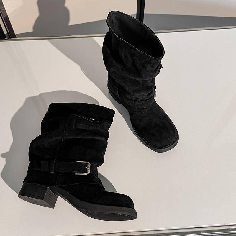 Autumn and Winter Women's Leather Boots Solid Color Medium Heel Round Head Versatile Large Size Women's Boots New Leather Big Tube Circumference High