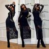Women's Round Neck Long Sleeve Midi Dress Bodycon Mid Waist Vintage Lace Sheath Dress