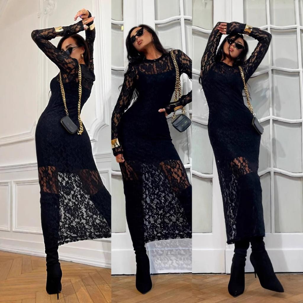 Women's Round Neck Long Sleeve Midi Dress Bodycon Mid Waist Vintage Lace Sheath Dress