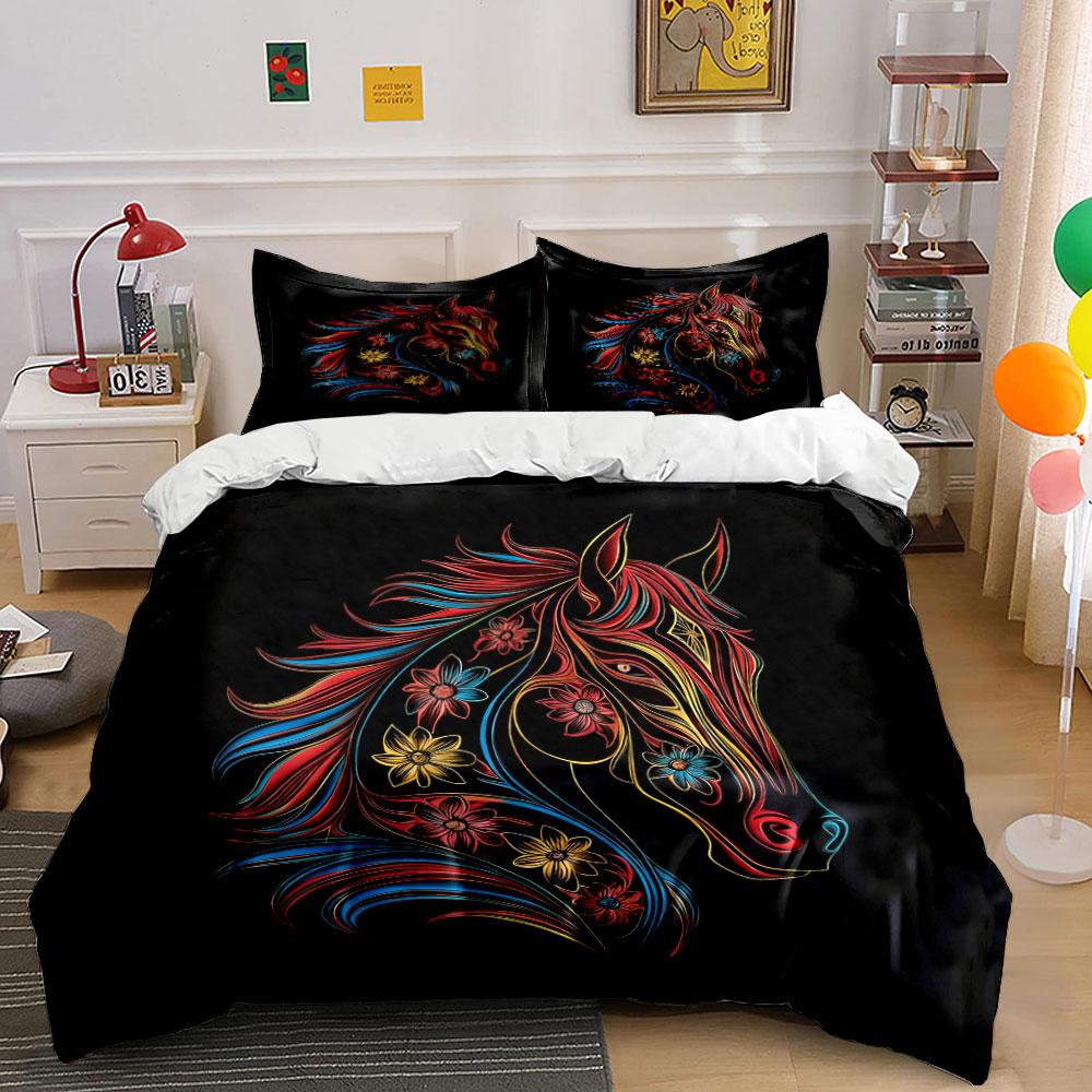 Colorful Floral Horse Artwork Set Soft Comfortable Duvet Cover Bedding Set Included 1*Duvet Cover & 2*Pillowcases, Gift