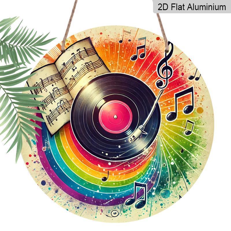 2D Flat - 1pc Vintage Round "Music Film" Metal Sign - Aluminum Wall Art with Vinyl Record & Musical Notes Design, Colorful Retro Decor for Garage