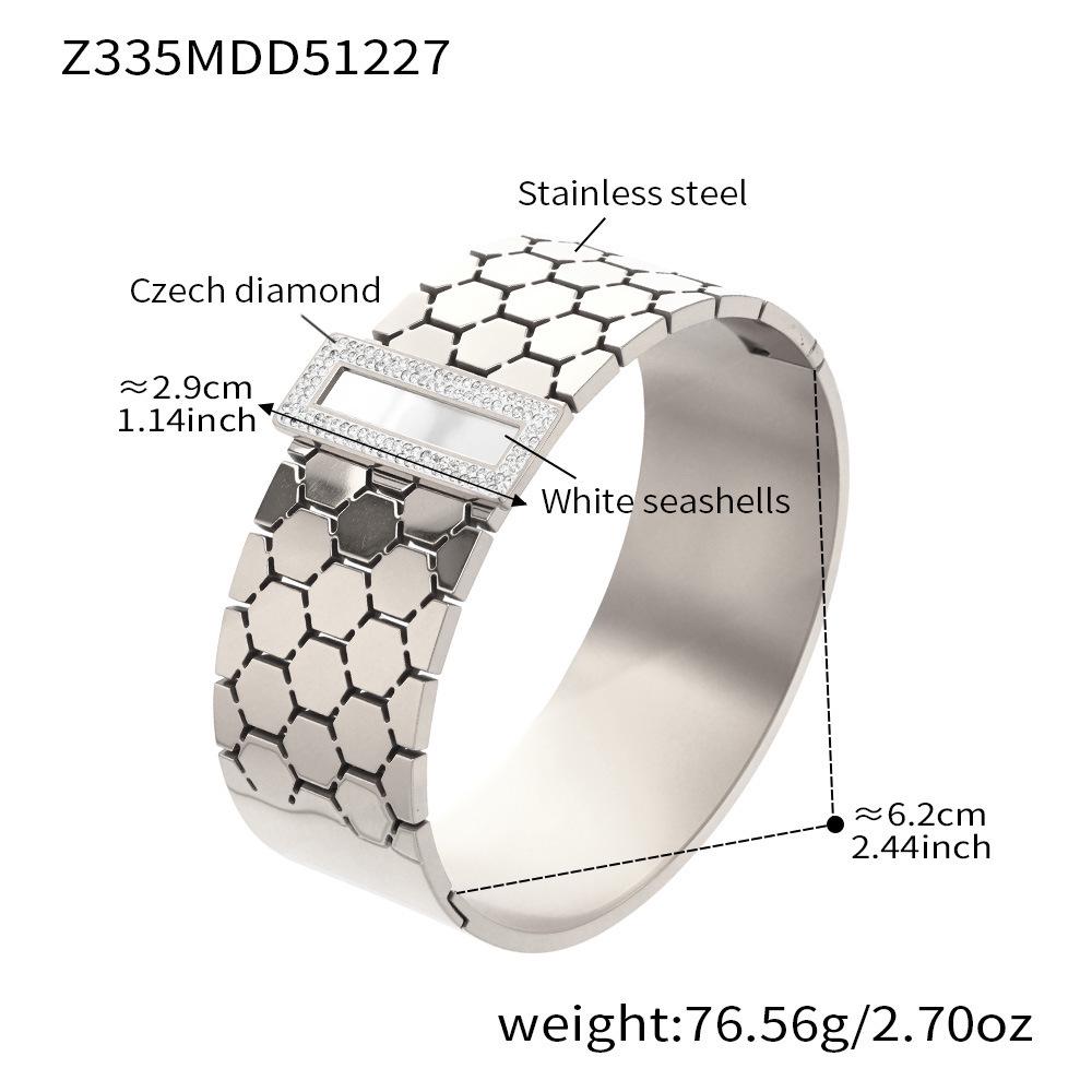 18K Gold Plated Honeycomb Pattern Stainless Steel Wide Bracelet with Zirconia Inlaid - European & American Fashion.