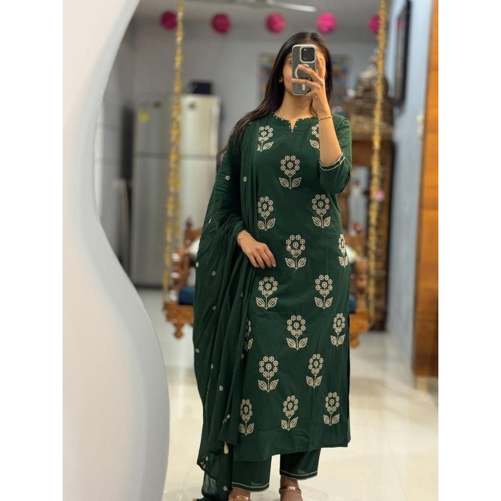 Pure Cotton Party Wear Kurti Pant Dupatta Set Indian Bollywood Ethnic Kurta Set
