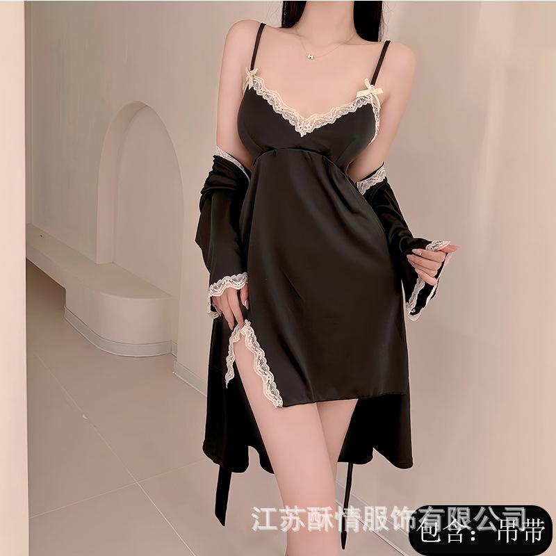 

Sexy nightdress new women s light luxury loungewear hot lace suspender ice silk pajamas pure desire to open the fork temptation set One size fits all ( 40-60kg ) чёрный