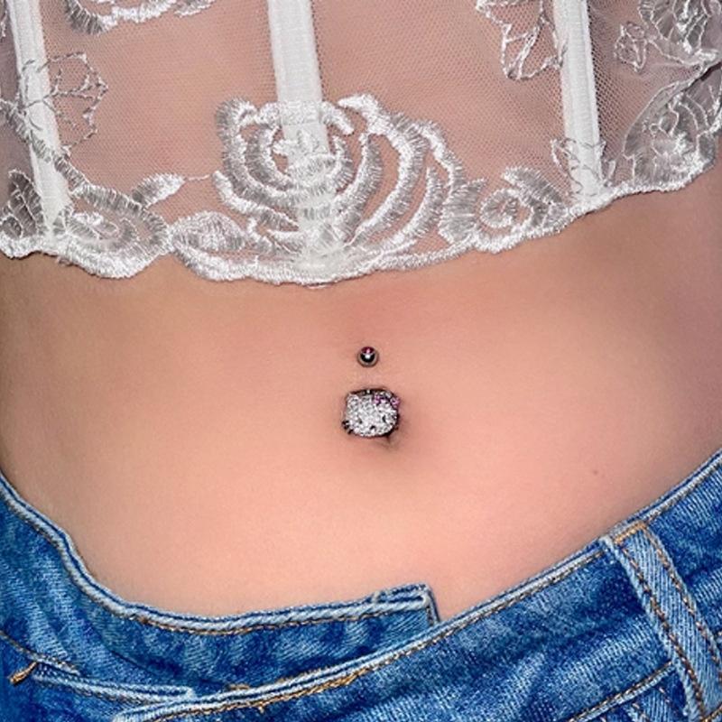 Cartoon Cute Hello Kitty Shiny Zircon Belly Button Ring For Women Sexy Body Jewelry Navel Piercing Beach Party Accessories Gift