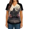 Women's Halloween Printed V-Neck Double Pocket Short Sleeves Hem Slit Uniform Caregiver Top