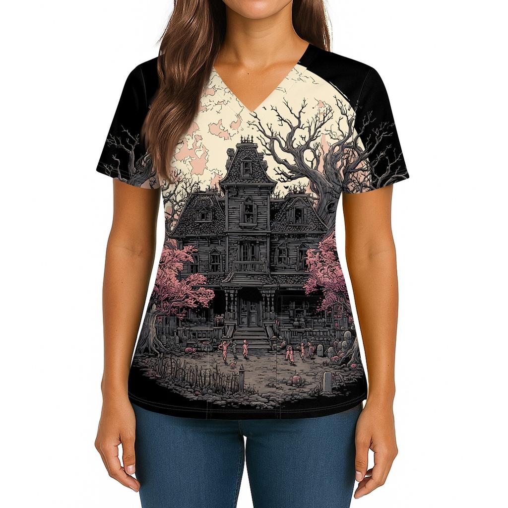 Women's Halloween Printed V-Neck Double Pocket Short Sleeves Hem Slit Uniform Caregiver Top