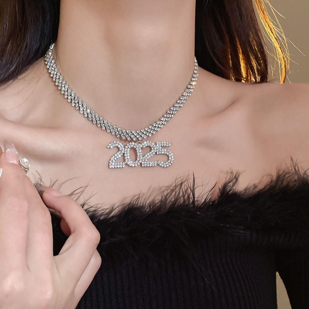 Rhinestone 2025 New Year Ear Stud Aesthetic Crystal Party Necklace Happy New Year Earrings  Banquet