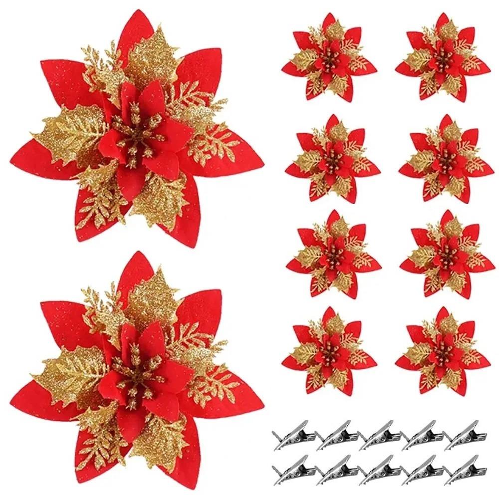 10Pcs with Clips Artificial Flowers for Christmas Tree Christmas Fake Flowers Pendant Home Decor
