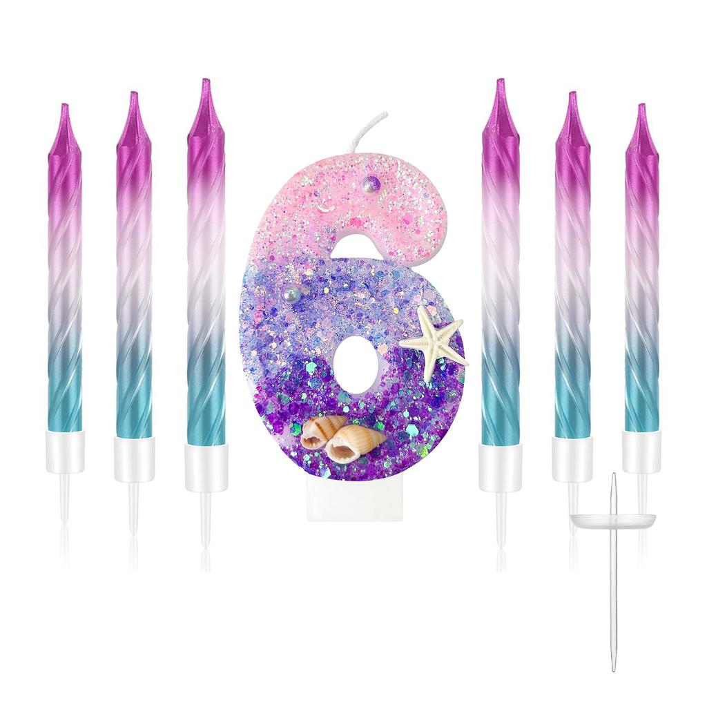 7pcs Girls Purple Mermaid Party Number 0-9 Cake Candles, 2.76 Inch Birthday Candle, Cake Topper Decoration for Birthday Party