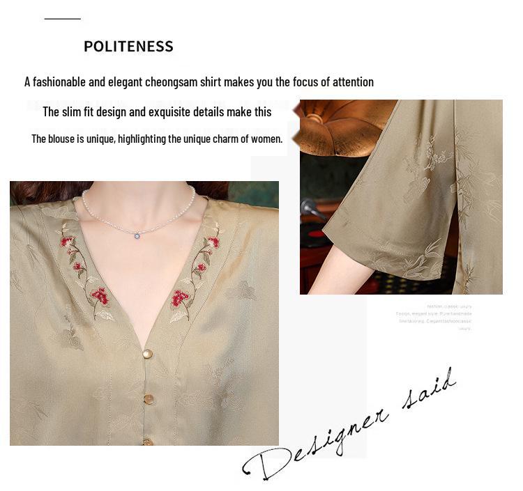 Frühling 2024 Damen Retro Chinesischer Stil Bestickte Kunstseide Tang Bluse