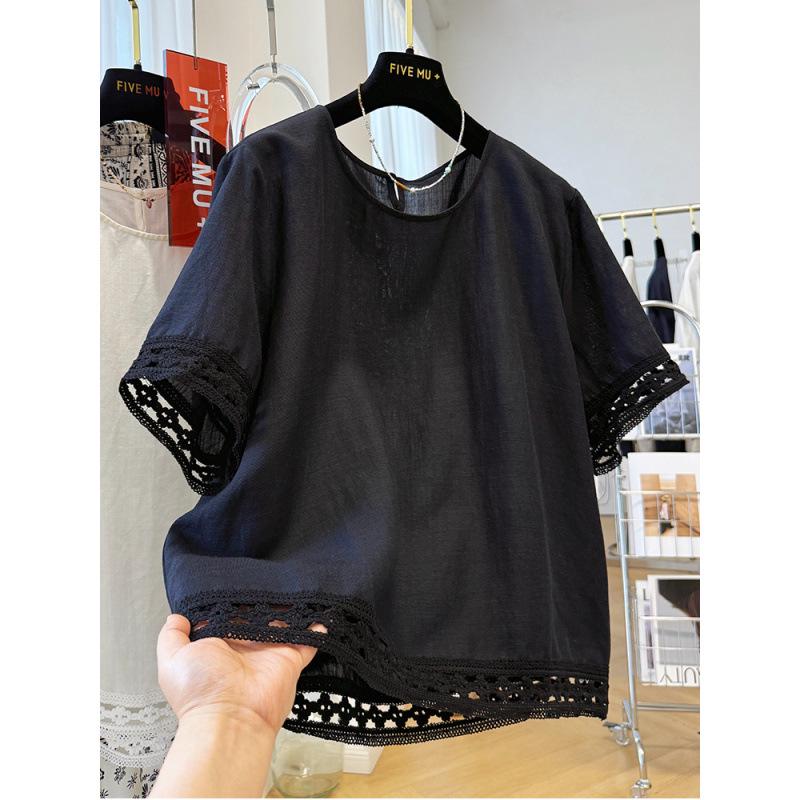 Women s French Style Hollow Lace Tencel Cotton Short Sleeve Top XL