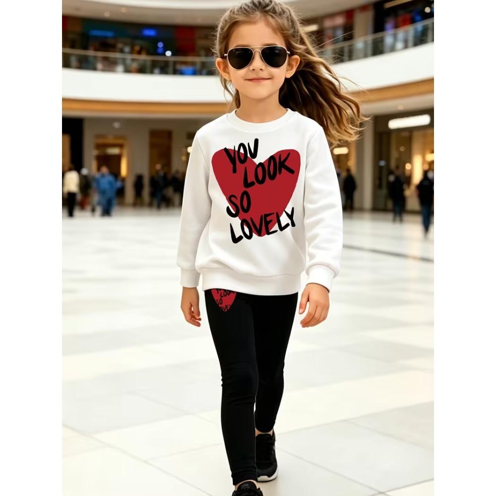 Girls' Love Slogan Print Casual Comfortable Soft Loose Pullover Sweatshirt and Leggings 2-Piece Set, New Autumn/Winter, Playful, Sweet and Cool Style