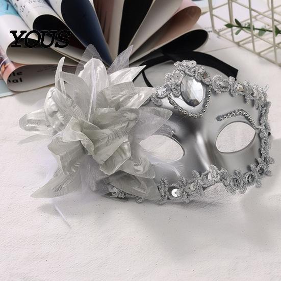 Venetian Style Mask Half Face Masquerade for Women, Mesh Flower Rhinestone Mask, Costumes Accessory Halloween Carnival Prom Ball Party Vintage