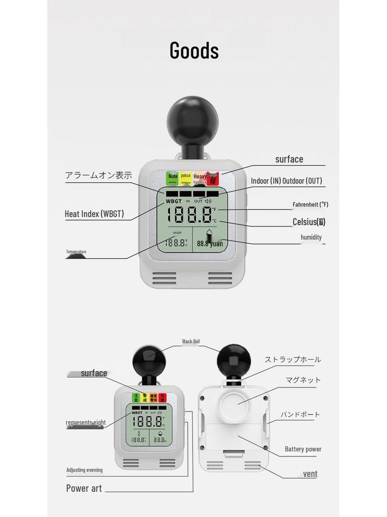 Heat Index & WBGT Thermohygrometer - Heatstroke Prevention Device with Black Globe Meter