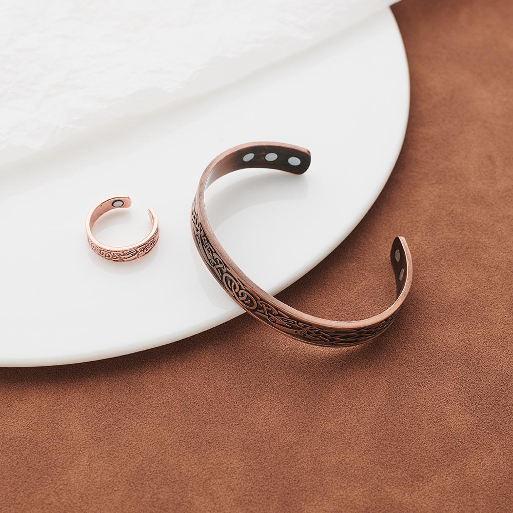 European and American Copper Vintage Simple Double Ring Pattern Magnet Energy Ring Bracelet Set