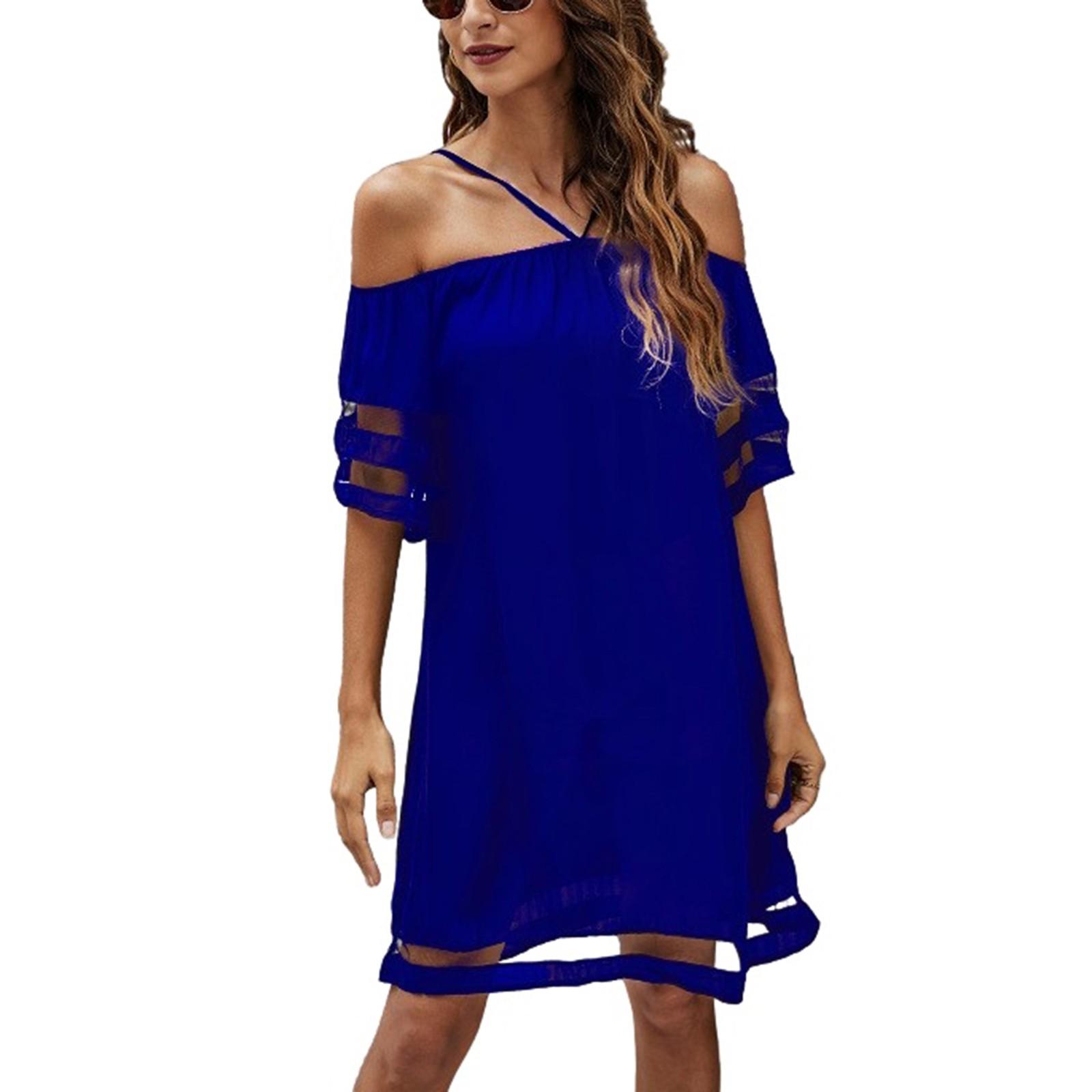 

Женские платья однотонные повседневные без бретелек с коротким рукавом на тонких бретельках L синий