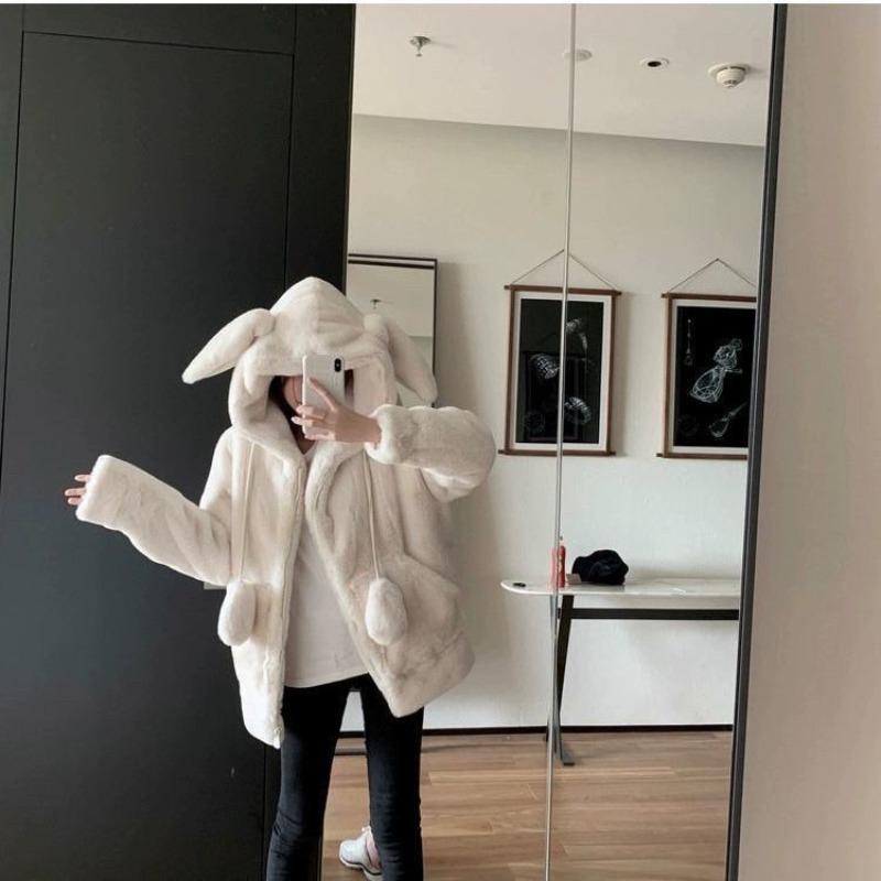 Autumn and Winter Coat Women's Hooded Rabbit Ears Hair Plush Imitation Cashmere Fur Coat Fleece Thickened Sweater Women